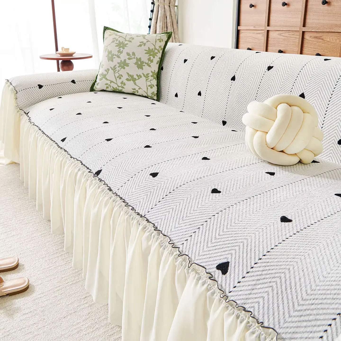 Fresh Sweet Striped Sofa Towel Chenille Material Ruffle Edge Yarn Skirt Settee Mat Anti Slip Wear Resistant Straight Couch Cloth