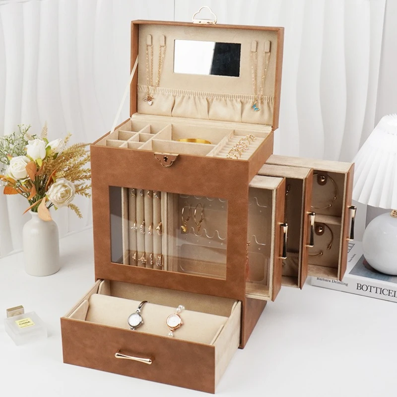 

Multilayer Jewelry Storage Box Large Capacity Necklaces Bracelets Storage Box Leather Trinket Rack Women's Rings Container