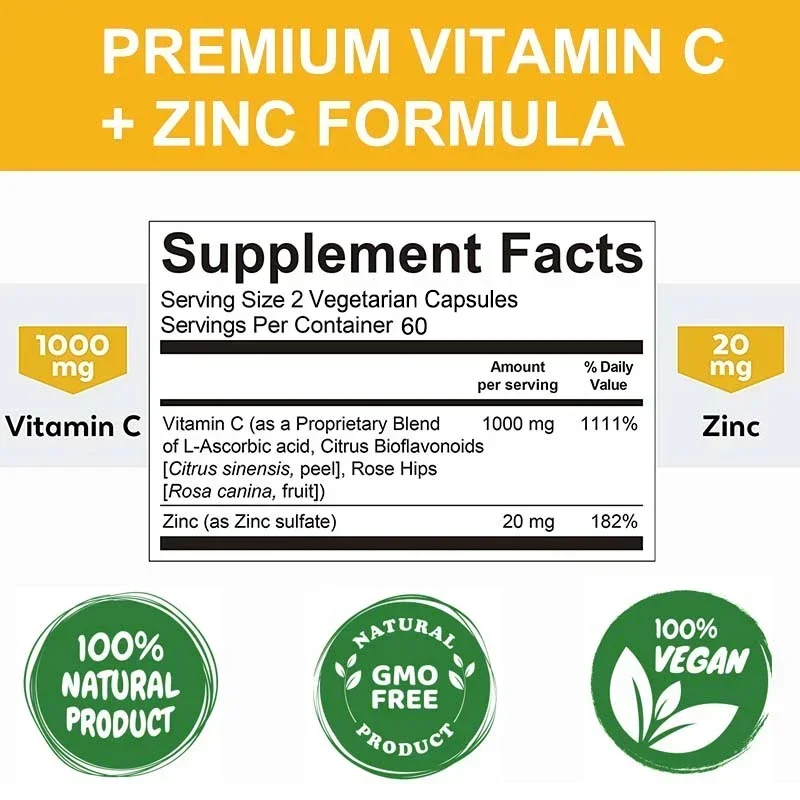 Vitamin C Plus Zinc (120 Veggie Capsules) - Vitamin C 1000 Mg and Zinc 20 Mg, Immune Supplement and Powerful Antioxidant