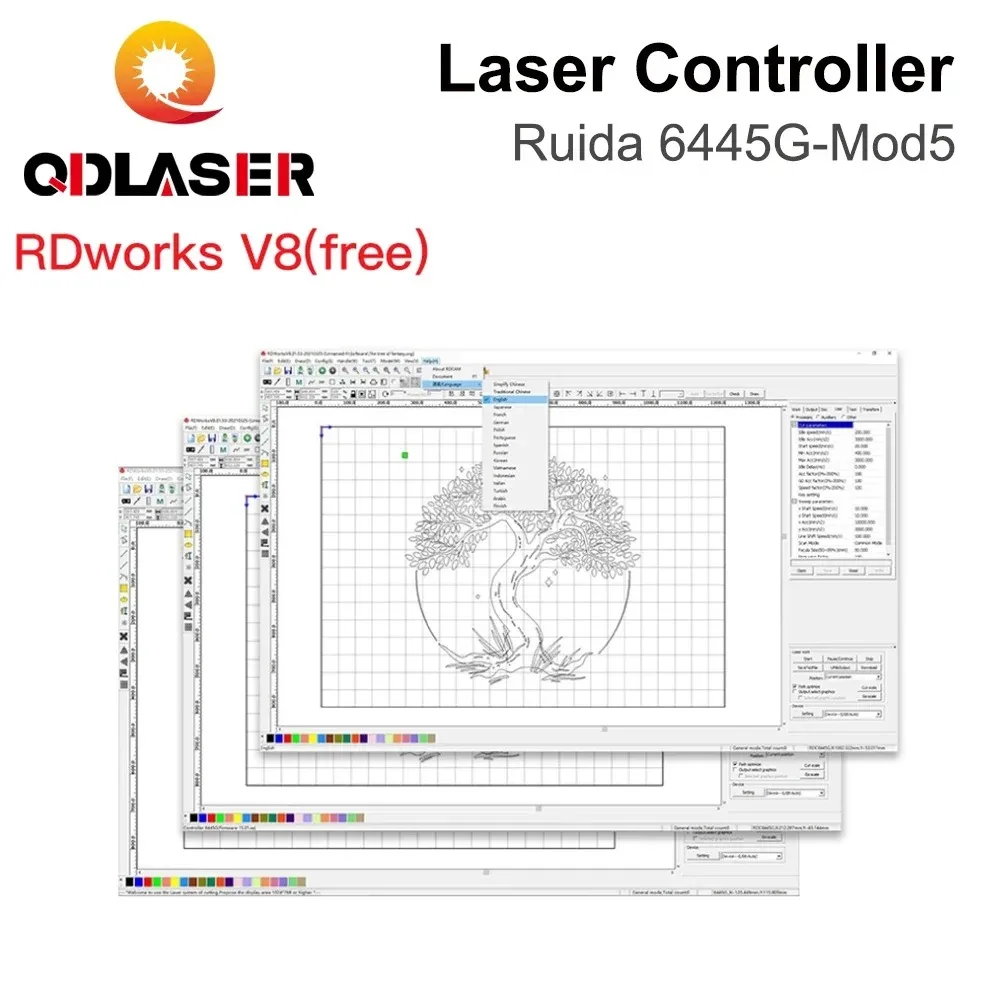 QDLASER Ruida 6445G-Mod5 Touch Screen CO2 laser controller DIY Panel Button RDWorks V8 Software For CO2 laser cutting machine