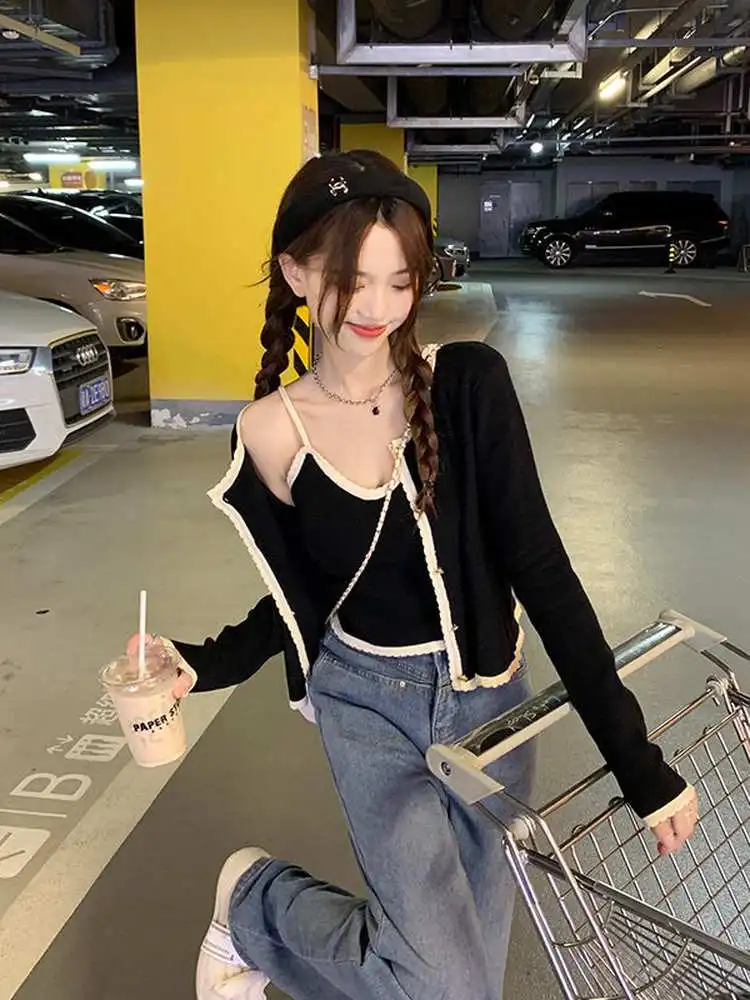 Chic Korean Sle Women's Long Sve Crop Top And Vest Set Slim Fit Casual Outfit Two Piece Ensemble Autumn Faion