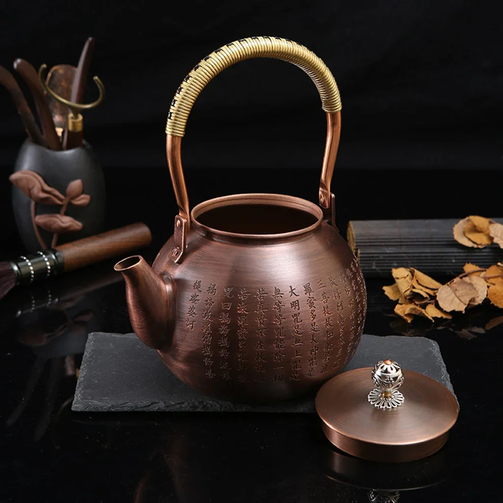 Vintage red copper pot, Heart scripture teakettle, High-capacity boiling water pot for brewing tea, Chinese style copper teapot