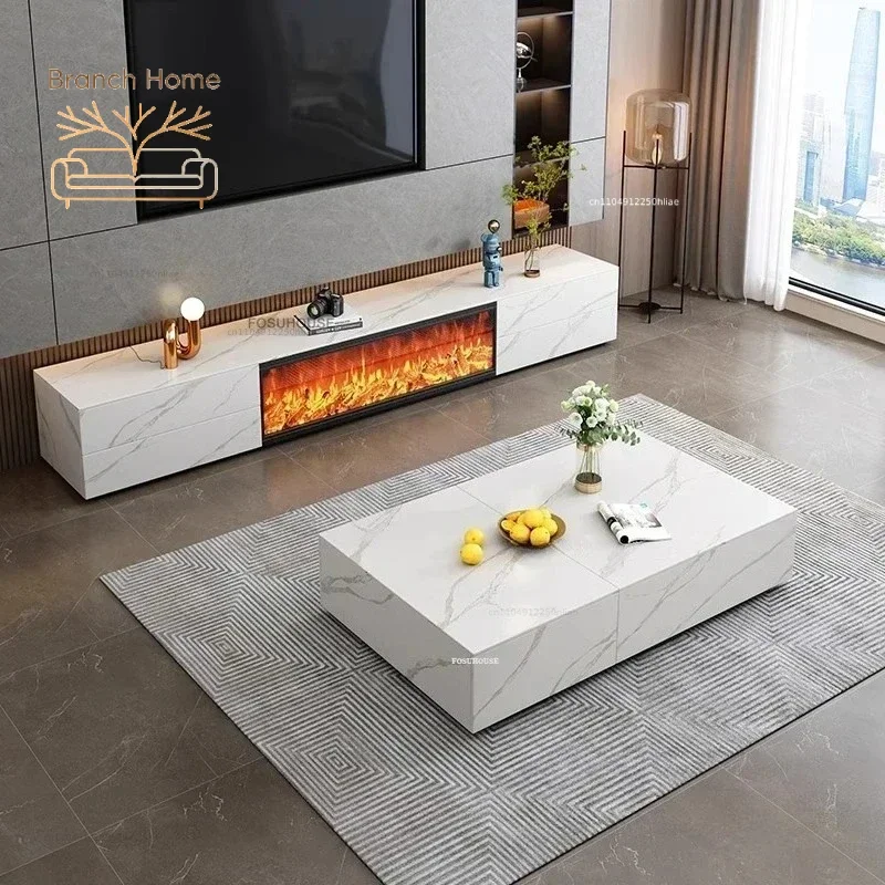 Italian Fireplace Slate TV Stands Embedded Simulation Flame Electronic Fireplace Storage TV Cabinet Luxury Living Room Furniture