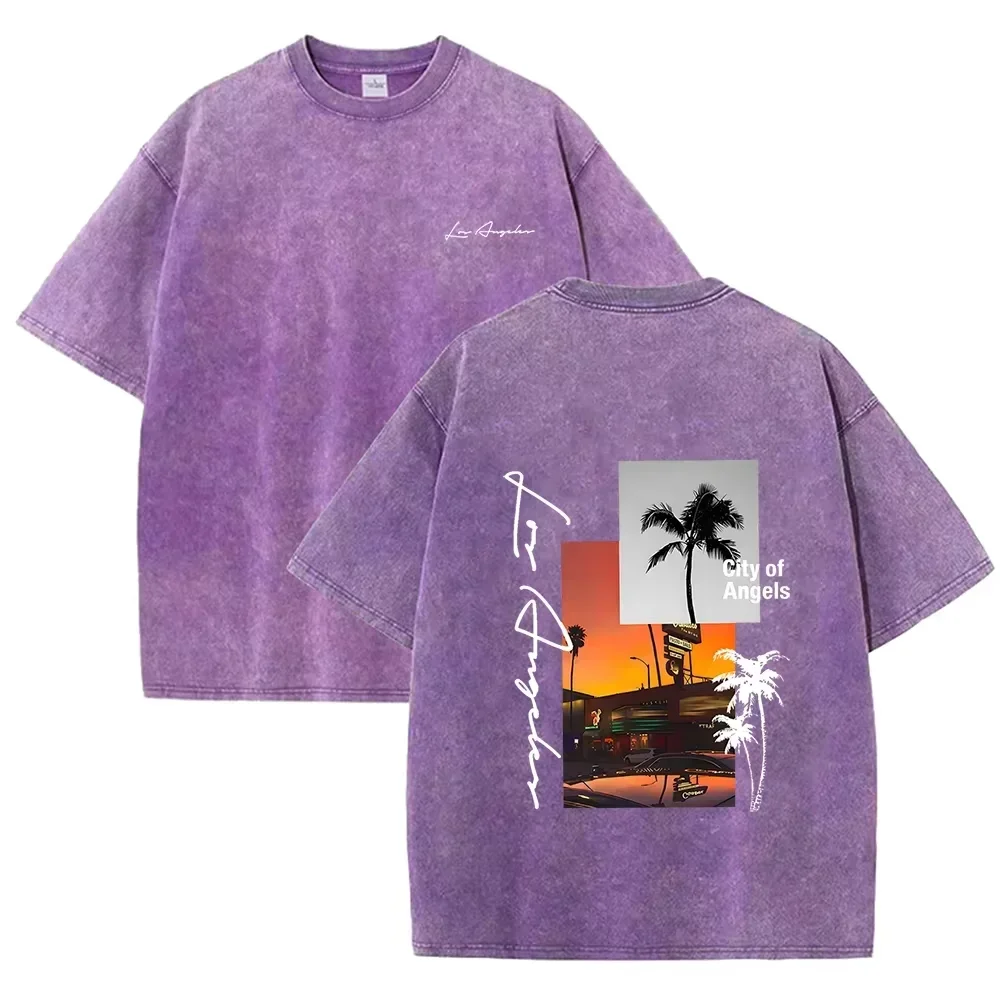 Retro Acid Wash Oversized T-Shirt mit LA City of Angels Kokosnussbaum-Szenerie Grafik auf Vorder- und Rückseite Lässige Oberteile Asiatische Größe – Detail 6