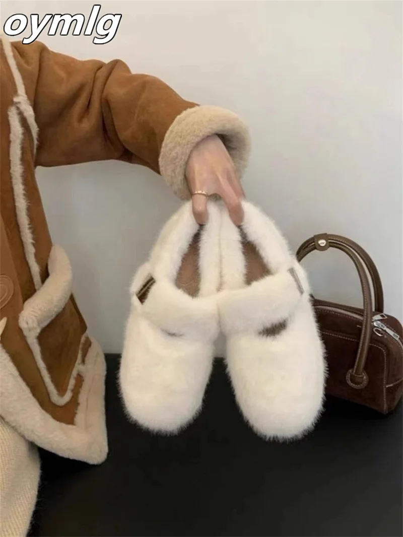 2024 new flat bottomed Mary Jane hairy shoes for women, with thickened velvet and a single kick kick, made of bean cotton