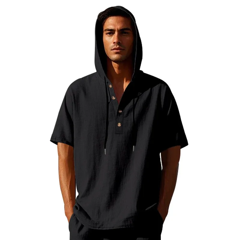 Linen T Shirt Loose Fit Button Placket Shirt Short Sleeve Solid Color Lightweight Wrinkle Free Turn Down Collar Top Beige Black