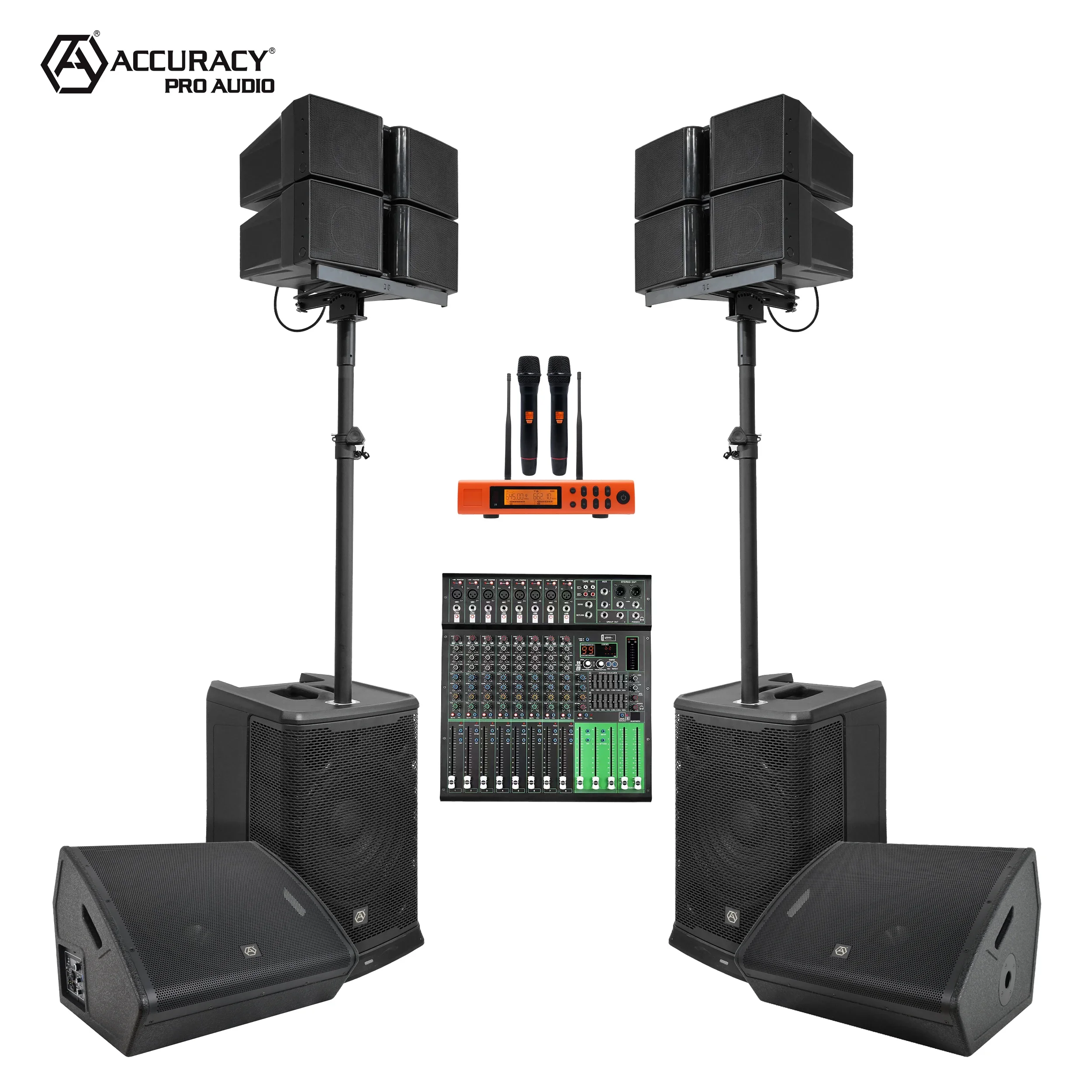 Accuracy Pro Audio LAP412-COMBO 1000W Line Array Speakers Audio Outdoor Professional PA System Set DJ Active Mixer Sound System