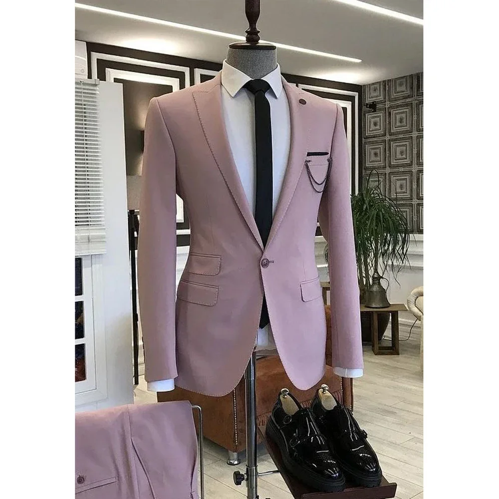 Elegant Solid Men Suits Two Piece Set Fashion Peak Lapel One Button Wedding Tuxedo Business Casual Office Suit (Blazer+Pants)