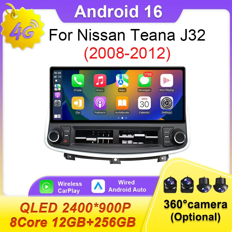 Android 16, Tela de 12.3 Polegadas para Nissan Teana J32 2008-2012, Rádio de Carro Multimídia DSP com Navegação GPS, Carplay, Auto 4G WiFi BT