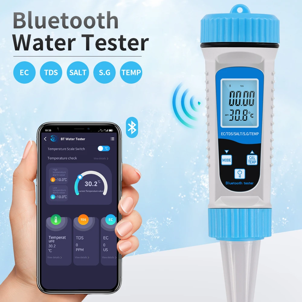 

5 in 1 Bluetooth Water Quality Tester Backlight Digital EC TDS SALT S.G TEMP Water Testing Detector for Home Hotel Aquaculture