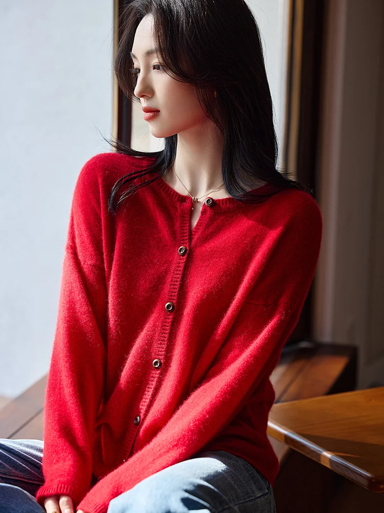 

ANGEL Women O-neck Wool Cardigan Spring Autumn Basic Solid Long Sleeve Cashmere Sweater 100% Merino Wool Knitwear Female Tops
