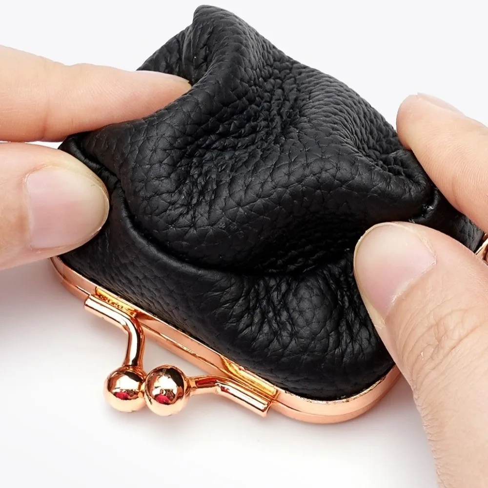 Wallet Genuine Leather Kiss Lock Coin Purse Solid Color Multifunctional Leather Jewelry Bag Square Mini Small Item Bag Ring