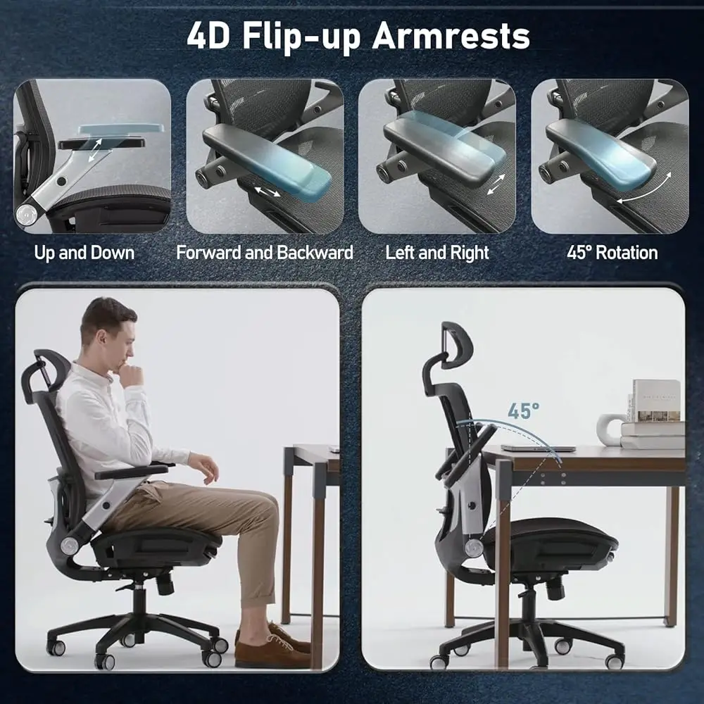 Ergonomic Mesh Office Chair With Footrest, High Ba Computer Executive Desk Chair With Headrest And 4D Flip-Up Armrests,