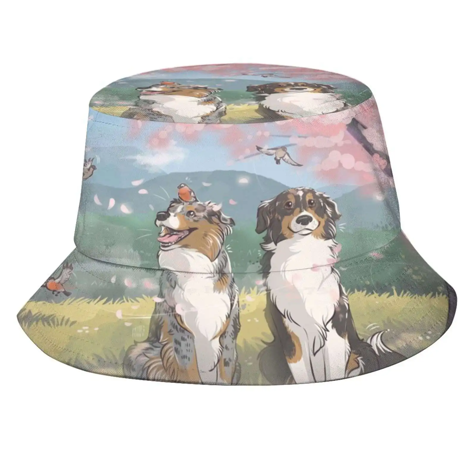 Flowery Spring Sun Cap Fisherman Hat Bucket Hats Dog Australian Shepherd Also Spring Cherry Tree Bird Bullfinch