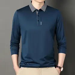 Camisas polo casual de negócios para homens, roupa masculina básica, letra impressa, manga comprida solta, top social versátil, moda primavera e outono