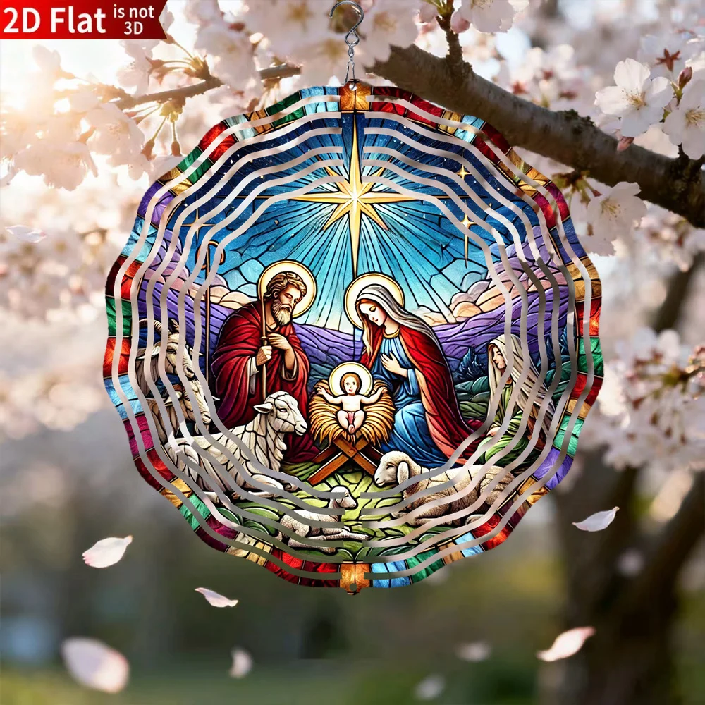 CIFBUY Metal Wind Chime Rotating Hook Outdoor Patio Porch Yard Decor 2D Flat Jesus Nativity Artwork Ideal Gift For Everyone