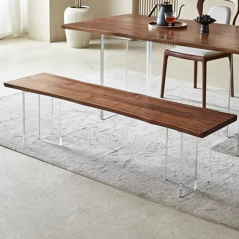 Modern Live Edge Dining Bench - Natural Walnut Wood Top, Clear Acrylic Legs, Minimalist Bench for Kitchen Living Room