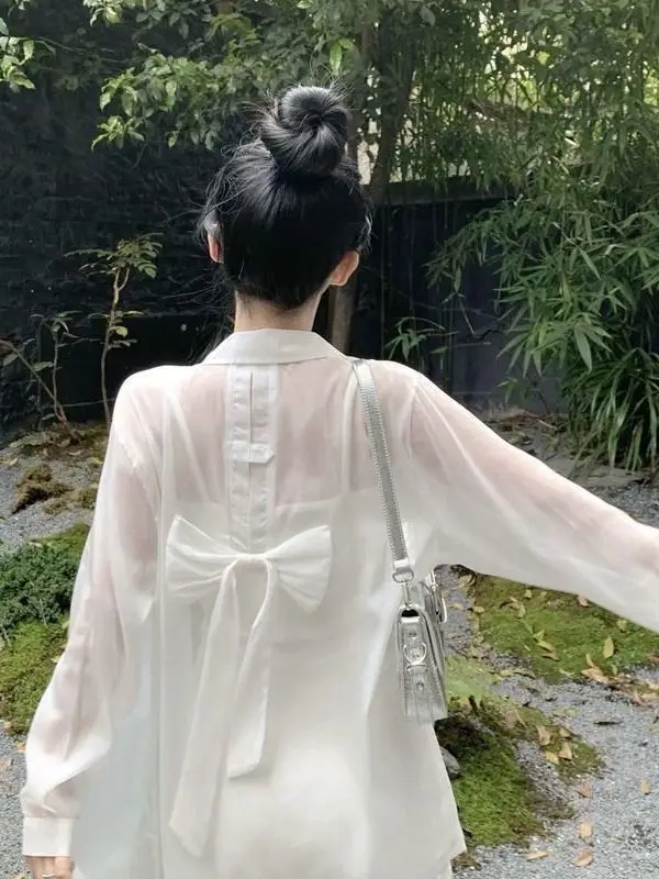 Sweet Style Loose Design Long Sleeve Women's Sun Protection Shirt 2026 Summer Fashion Chiffon Cardigan Open Front  Knot