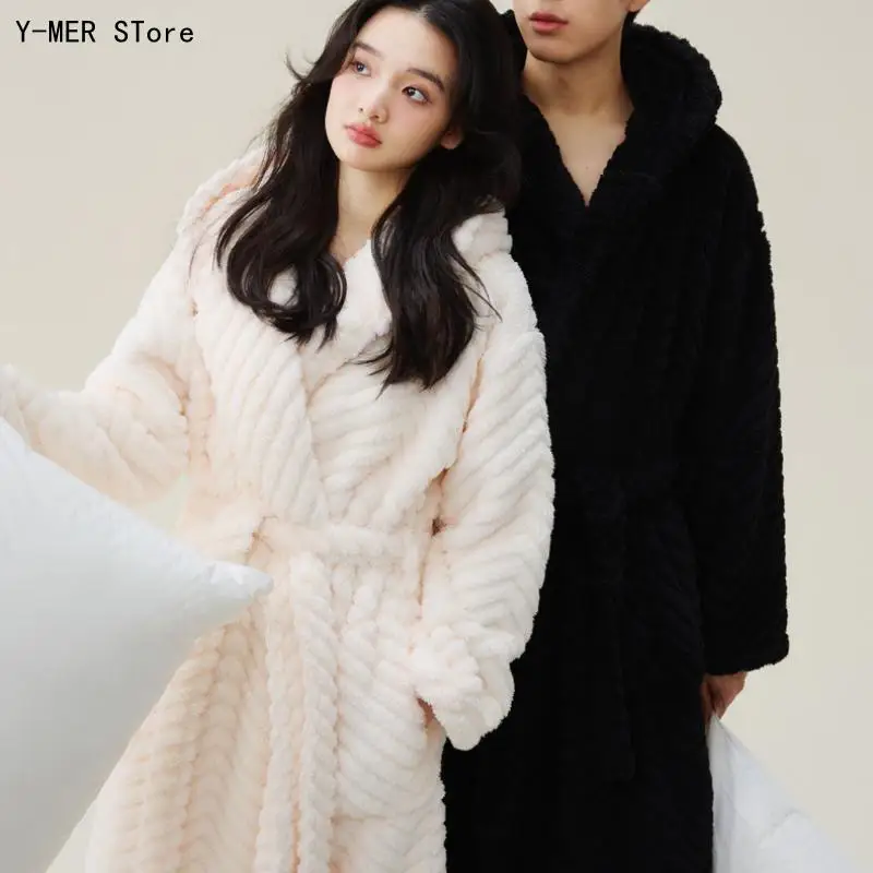 Couple Warm Coral Fleece Nightwear Women Men Winter Sleepwear Bathrobe Heavy Weight Home Wear Elegant Hooded Home Clothes