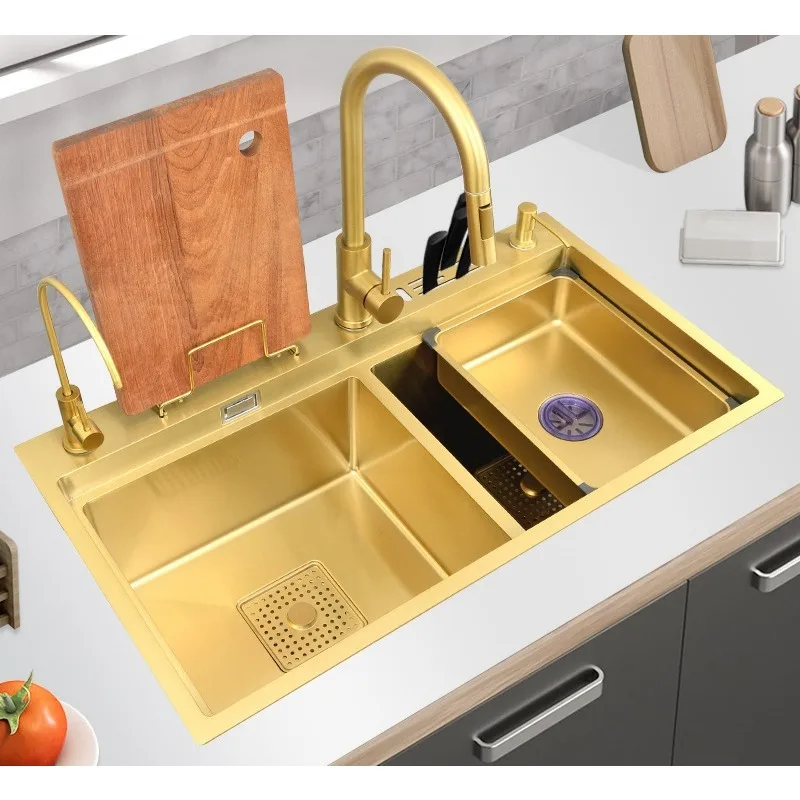 Gold 304 stainless steel, sink double sink vegetable basin, kitchen household dishwasher sink under the counter basin