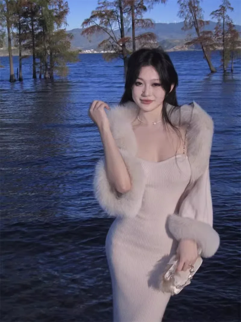 

Sweet Girl Suit Women's Autumn/Winter Faux Fur Knitted Cardigan Sweet Shawl Slim Fit Strap Dress Two-piece Set Female Clothes