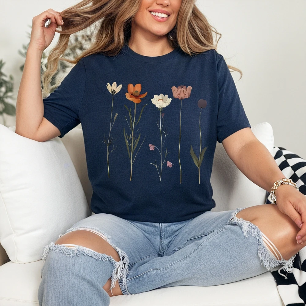 Wildflowers Graphic T-shirt Women's Short Sleeved O-Neck Top  Lady Fashionable Printed Tee Female Summer Trendy Casual Cute Top