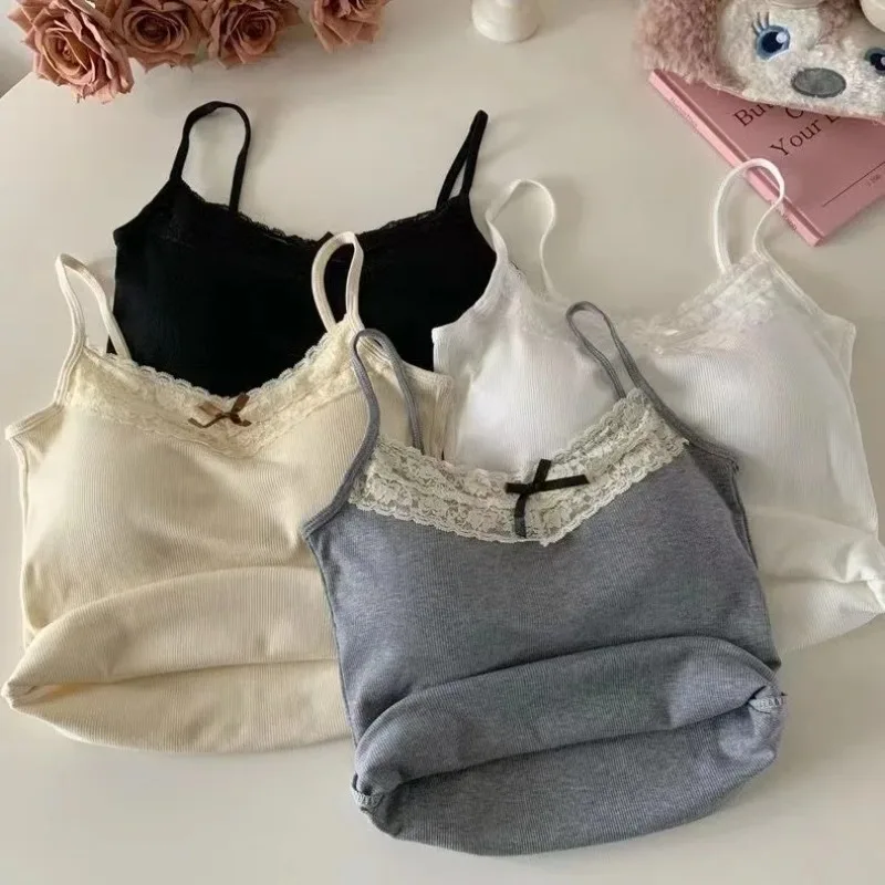 

New Knitted Crop Top For Women Solid Color Lace Sling Tops Knitwear Tank Top Female Sexy Slim Camisole Sweet Short Beau Back Top