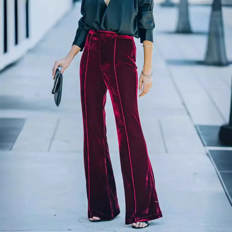 Women’s Velvet High Waist Flared Pants Wide Leg Trousers with Side Stripe Decor Elegant Casual Office Party Bottoms 3 Women's Velvet High Waist Flared Pants Wide Leg Trousers with Side Stripe Decor Elegant Casual Office Party Bottoms 3