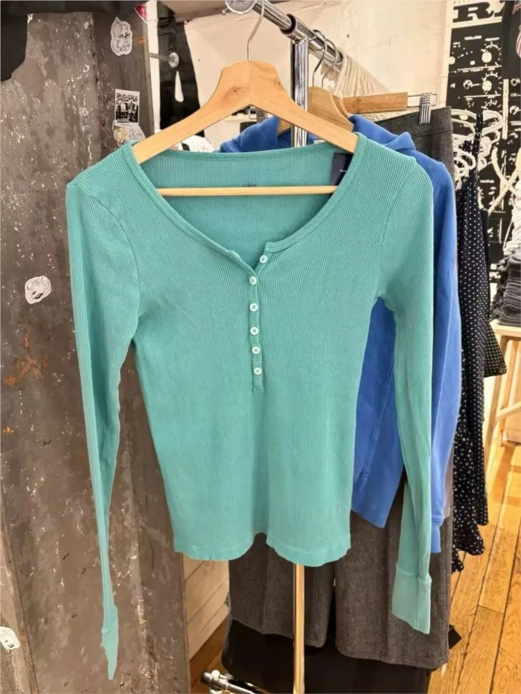 Green Vintage Ribbed Long Sleeve Tee Women's Autumn Six Button Cotton Casual Patchwork Slim T-Shirts Simple Chic Streetwear Tops