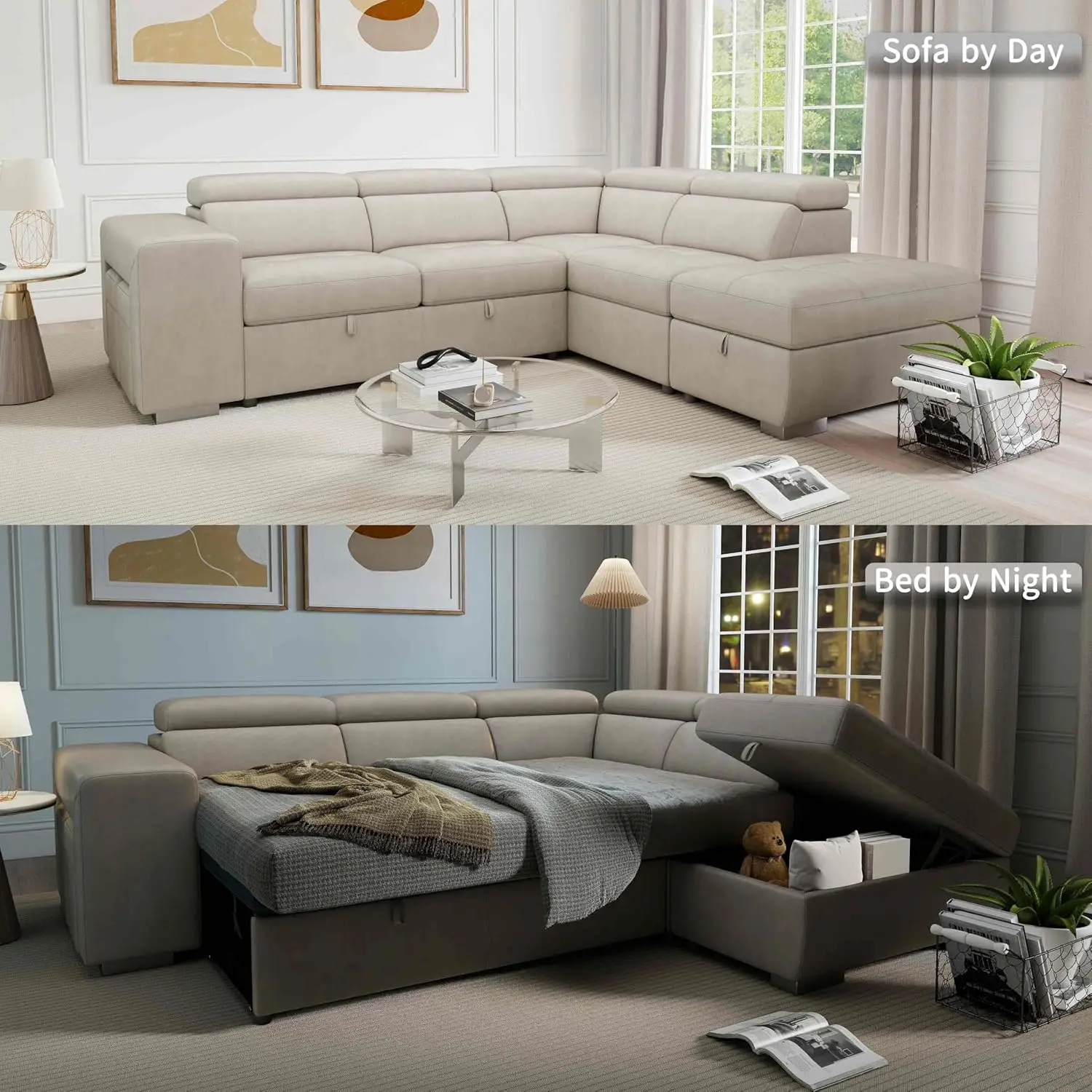 104'' Microfiber L Shaped Sectional Sleeper Sofa Couch with Pull Out Bed and Storage Ottoman, Convertible Couches with image 5