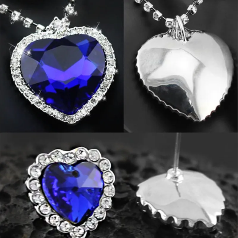 BLUE heart Pendant Crystal shine rhinestones Necklace Earring Jewelry set charm lover girl classic dropshipping quality fashion
