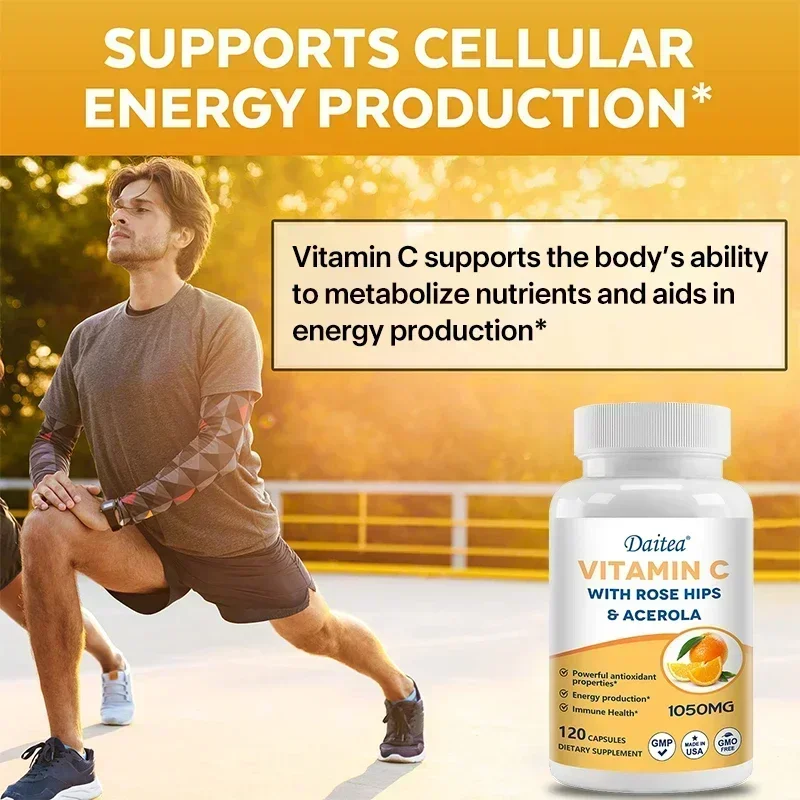 Vitamin C Timed Release with Rosehip & Acerola Bioflavonoids, All Day Immune Support, Energy, Antioxidants, Veggie Capsules