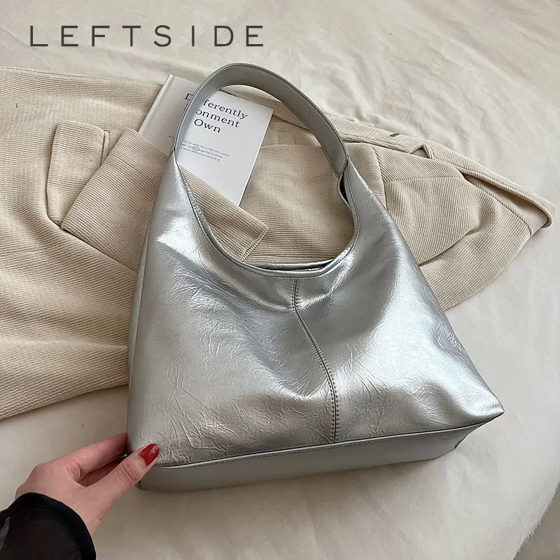 LEFTSIDE Silver Shoulder Bags for Women 2023 Leather Hobo Bag Fashion Designer Females Luxury Y2k High-capacity Leather Handbags