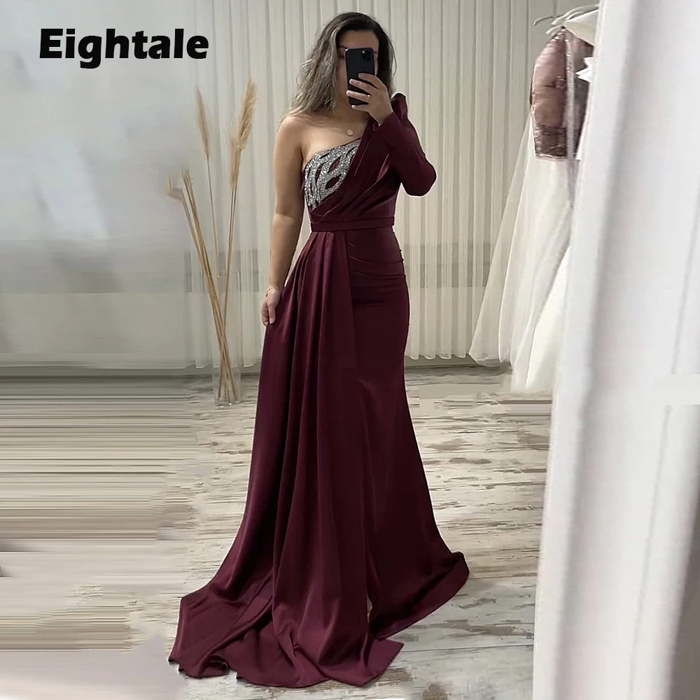 

Eightale Burgundy Prom Dresses for Wedding Satin Arabic Evening Gown One Shoulder Sequined Mermaid Party Dress robes de soirée