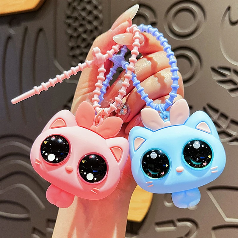 أزياء لطيف كبير العينين القط الضغط المفاتيح الإبداعية كبيرة العين القط قلادة على ظهره سيارة الحبل كيرينغ الحلي #5