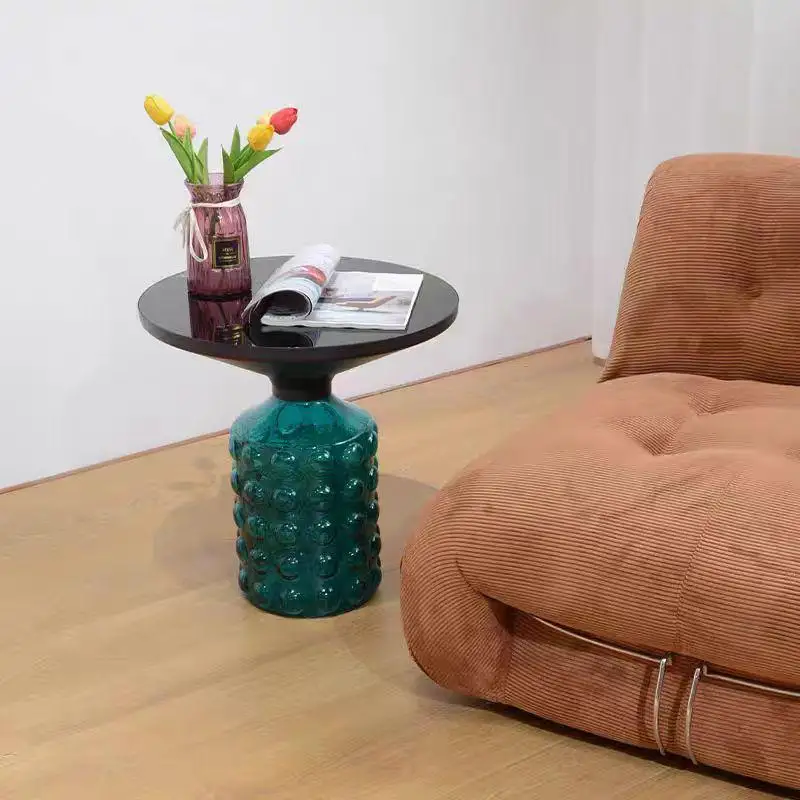 Creative Concave Convex Bubble Glass Base Side Table Gloss Black Round Tempered Glass End Table Nordic Living Room Decor