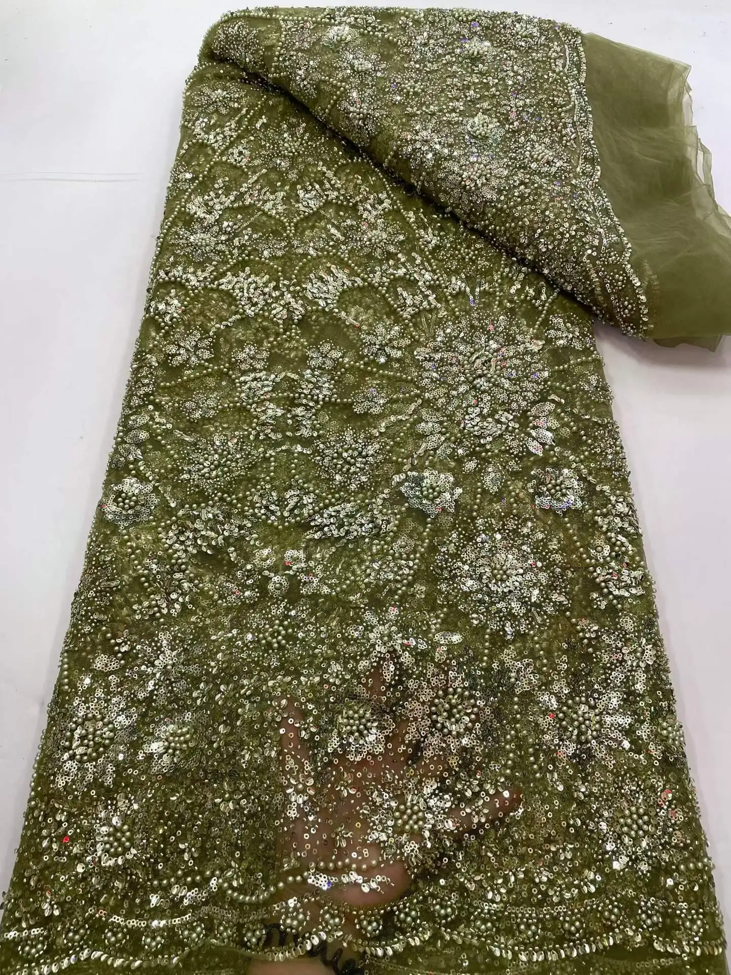 African Beaded Lace Fabric High-Quality Nigerian Sequined Wedding Dress Material Suitable for Sewing Elegant Dress Bridal Gowns