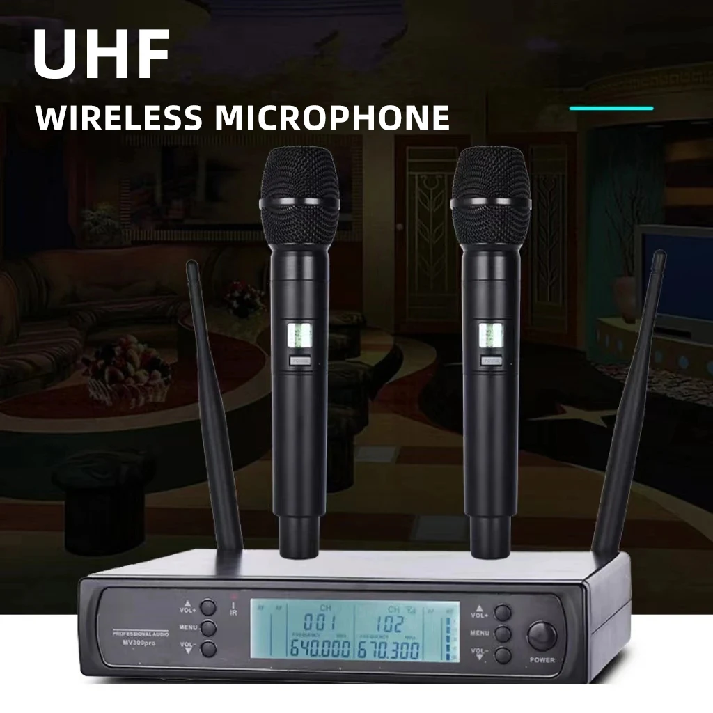 

UHF MIC two-handed wireless microphone singing meeting Professional metal tube microphone for stage party karaoke performances