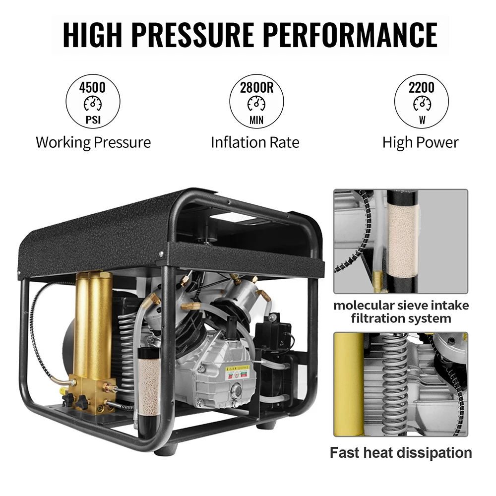 Compresor de aire PCP TUXING TXEDT032 de 300 bar con doble filtración, compresor con parada automática y refrigeración por agua incorporada para buceo