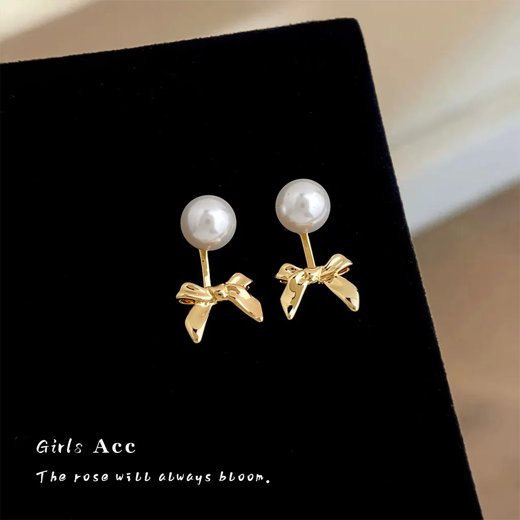 

Fresh Sweet Two Wearable Bow Earrings Fashion Commuter Light Luxury Premium Pearl Stud Earrings Temperament Women Ear Jewelry