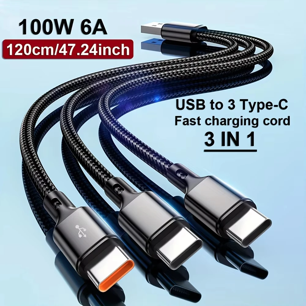 3 In 1 100W Fast Charging USB A to 3 Type-C Data Cable For iphone 15 16 17 Samsung S26 S25 Xiaomi Huawei Android USB C Data Cord