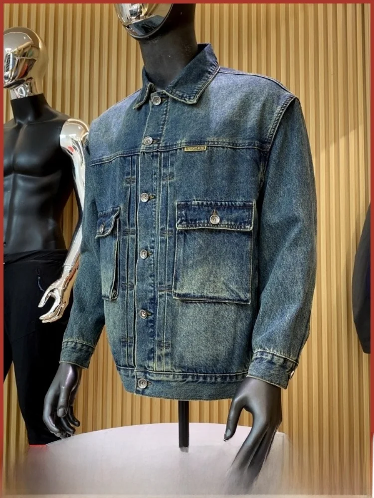 

Heavyweight Waed Men's Casual Loose Workwear Collared Denim Jaet Outerwear Stand Fit Long Sve Windproof Youth Trend
