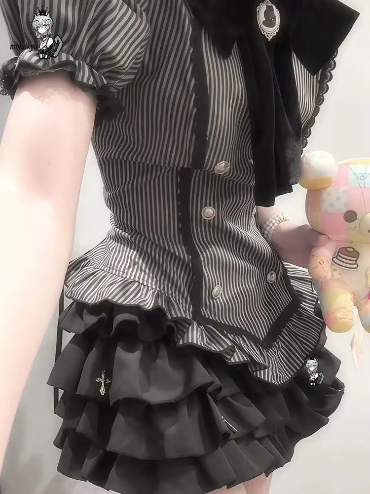 2Pcs Japanese Harajuku Yami Kawaii Women's Short Sleeve Striped T Shirt + Mini Tiered Skirt Y2K Girls Subculture Jirai Kei Set