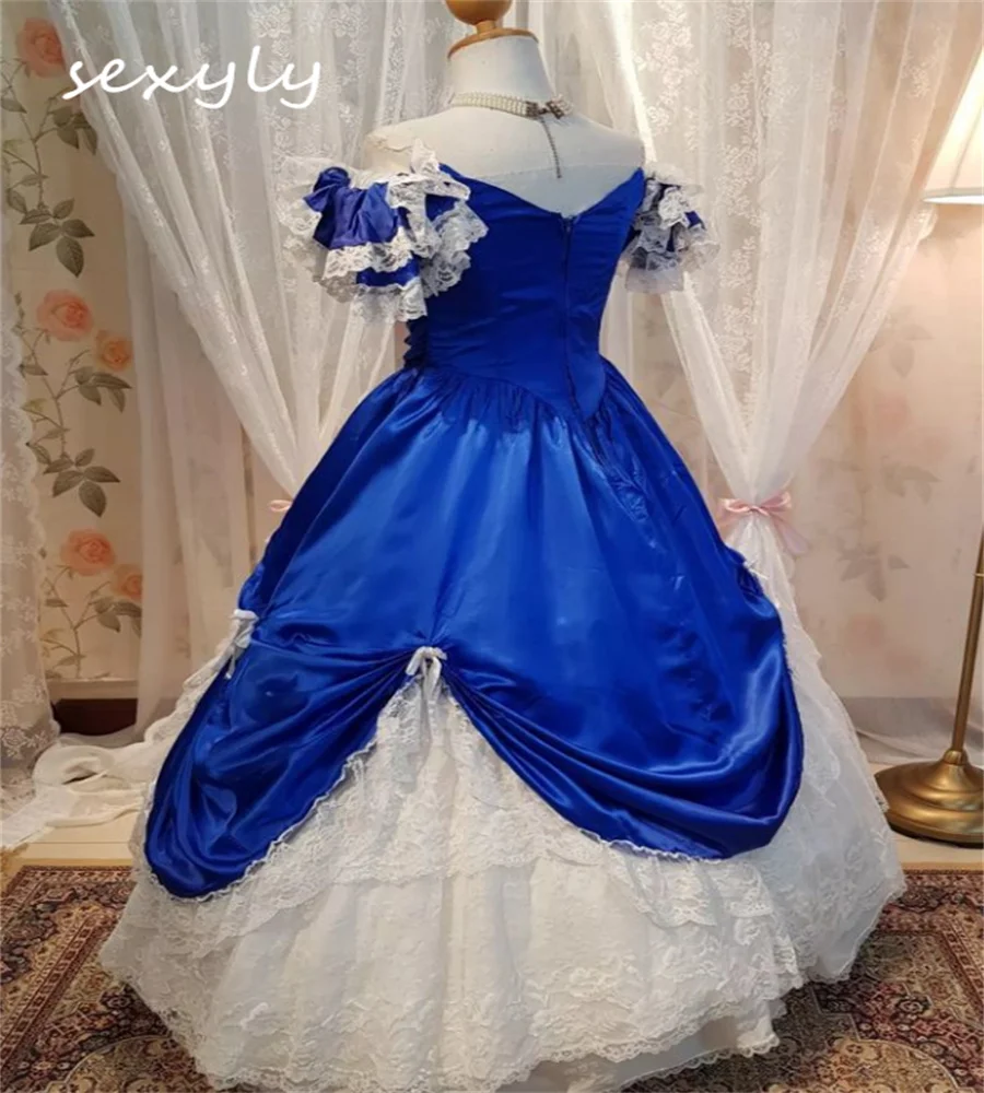 Luxury Royal Blue Lace Wedding Dress 2023 Renaissance Medieval Country Gothic Bridal Gowns Short Sleeve Bow Church Dance Bride