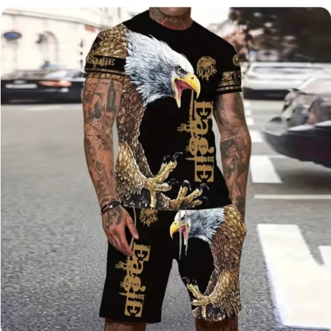 

2024 Fashion Men's Suit Printed Vintage Eagle Pattern Summer Casual Breathable Sports Running Suit Oversized Men's Top Y2K Style