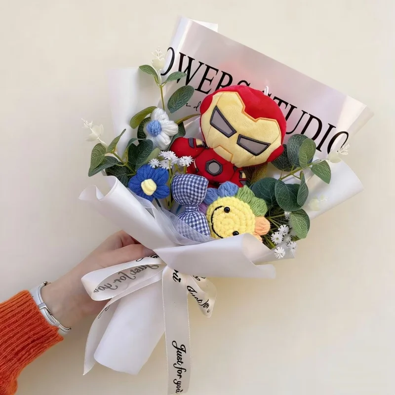 Genuine Anime Stitch Minions Spider-Man Plush Dolls With Crochet Flowers Creative Bouquets Christmas Birthday Valentine Gifts