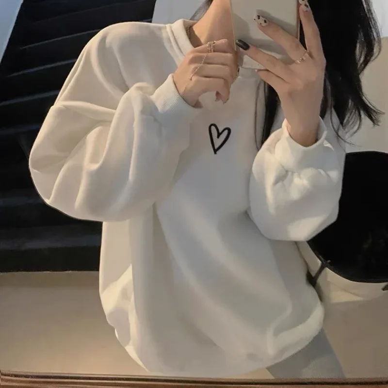 Women Chic Heart Shape Pullovers O-neck Lantern Sleeve Sweatshirts Autumn Winter Loose Casual Pullovers Sweatshirts Warm Outwear