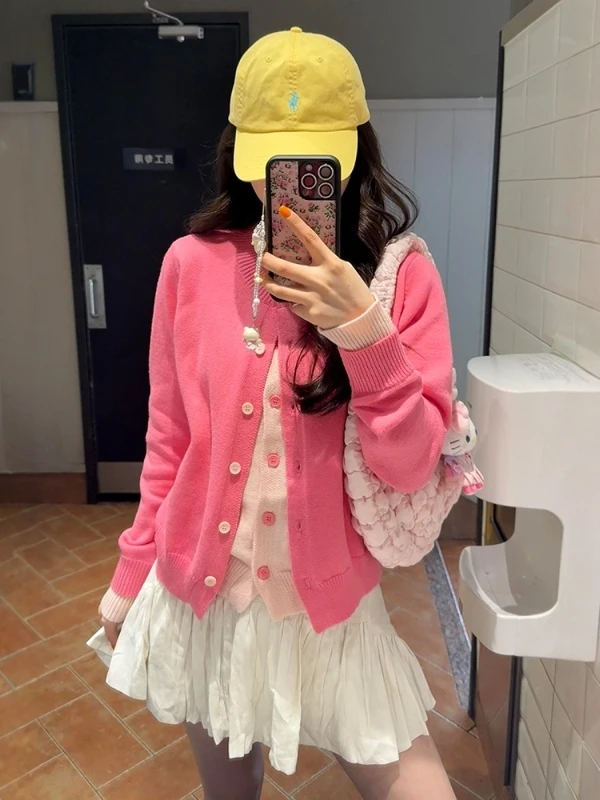 

Pink Knitted Sweater Coat Women's Early Autumn Fake Two-Piece Inner irt Korean Sle Long Sve round Ne Commute Sle