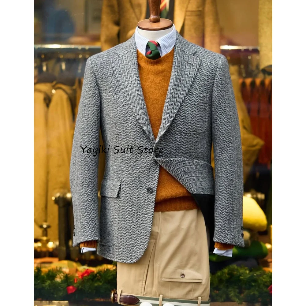 

Men's Social Coat Notch Lapel Man Jackets High Quality Single-breasted Vintage Herringbone Fabric Casual Suit Urban Blazers