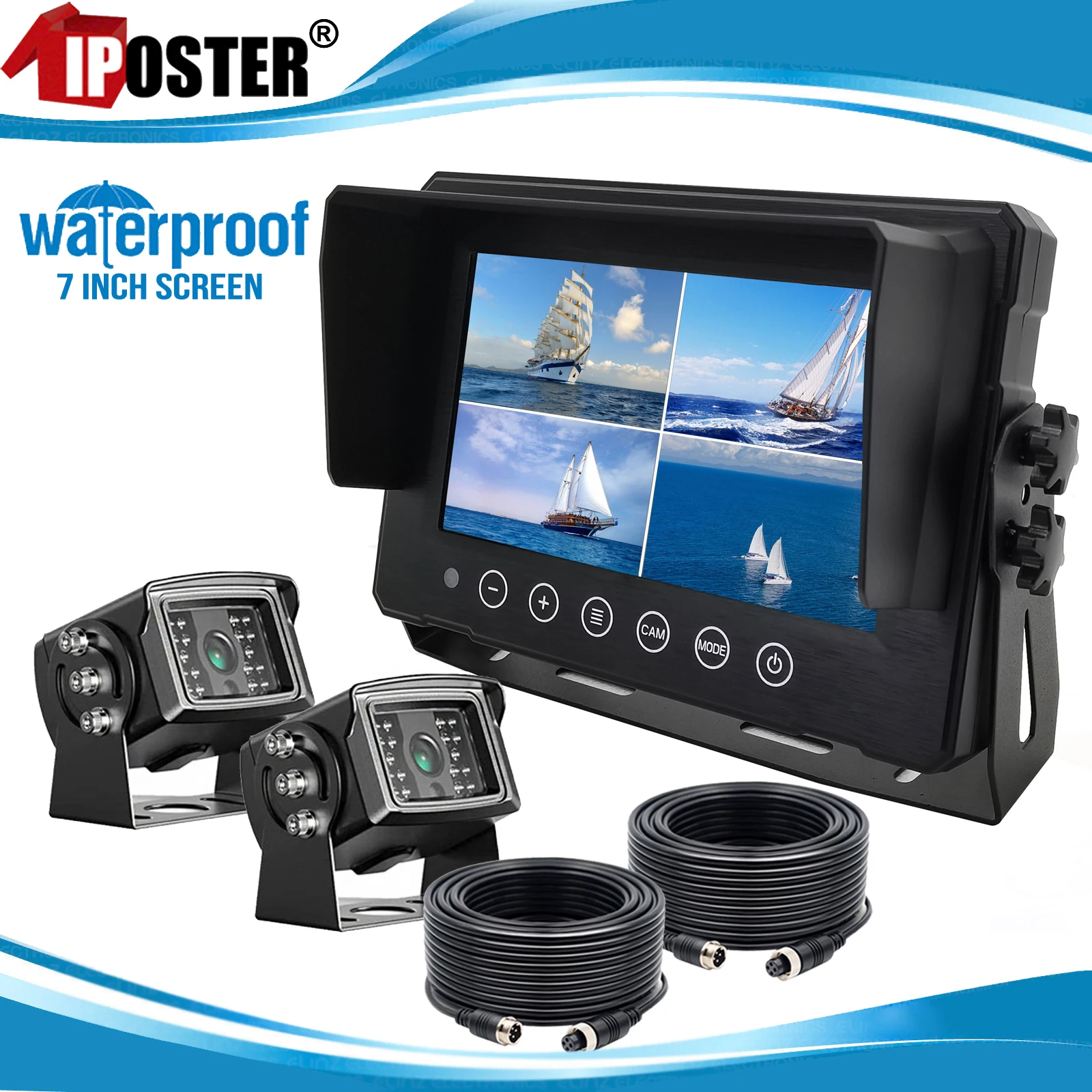 

iPoster 7 inch IPS Screen 4 Channel AHD IP68 Waterproof Monitor With 2x 4PIN AHD 1080P Front Rear Reversing Cameras For Boat